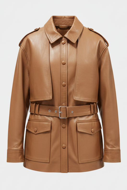 GENEVIEVE - Mid-Length Belted Vegetable - chic Light Brown jacket