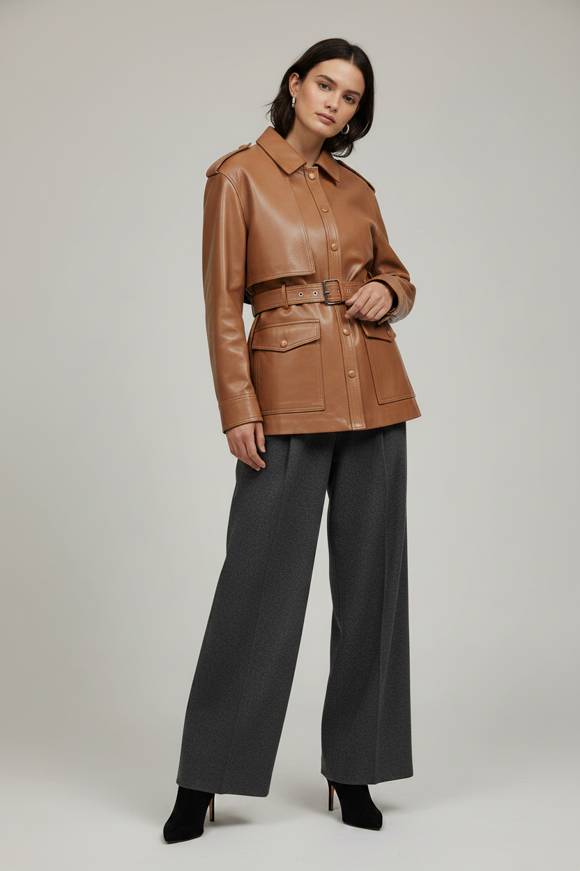 GENEVIEVE - Mid-Length Belted Jacket on model - light brown quiet luxury
