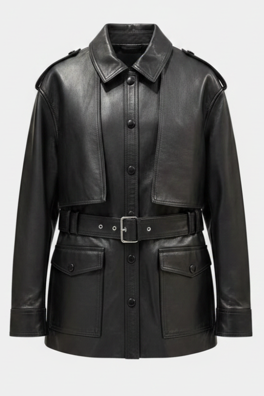 GENEVIEVE - Mid-Length Belted Vegetable - chic Black jacket