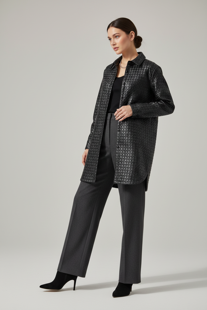 GISELE - Black Woven Sheepskin - black woven leather, shirt-dress, elegant