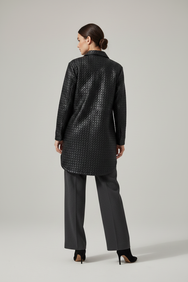 GISELE - Black Woven Shee - black woven leather, shirt-dress, wide-leg trousers, quiet luxury