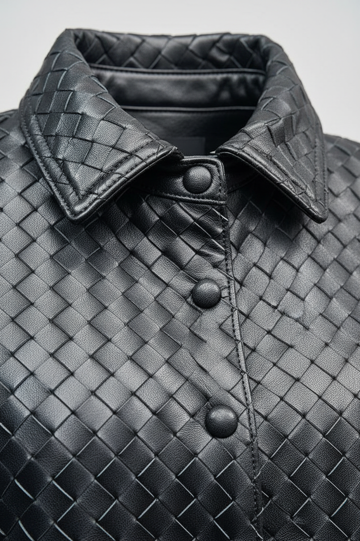 GISELE - Black Woven Sheepskin - Black Woven Collar Detail