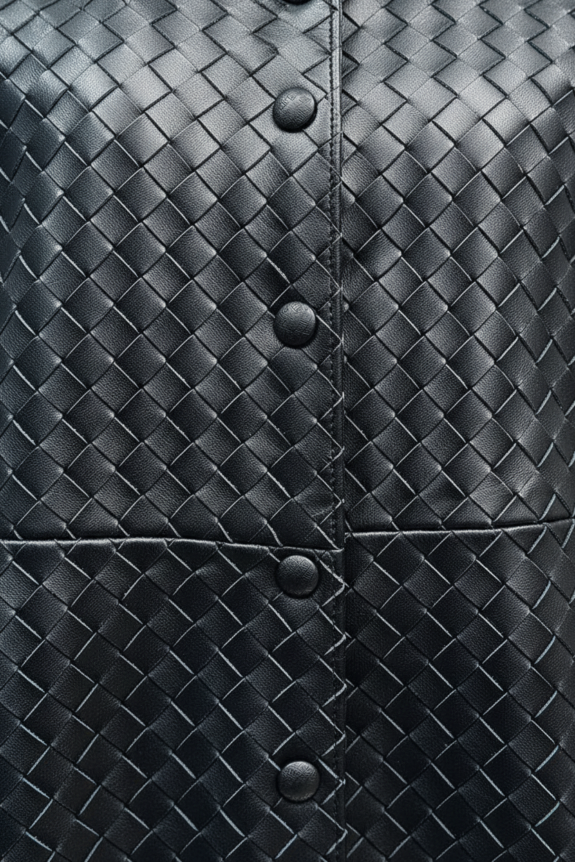 GISELE - Black Woven Sheepskin - front closure, buttons, zipper, textured fabric