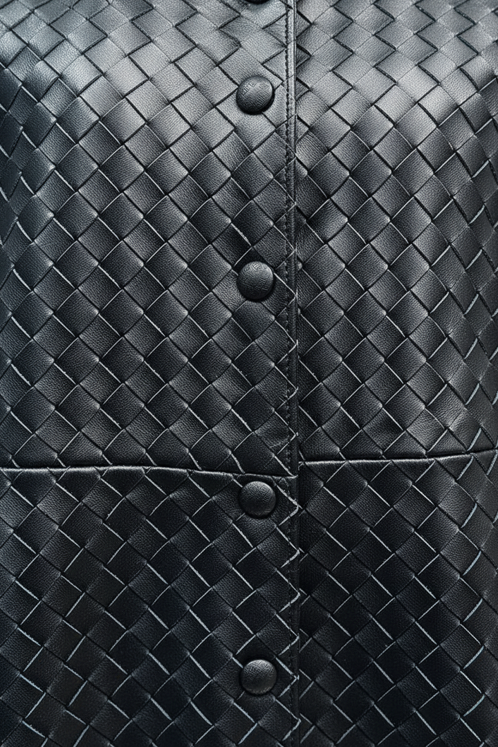 GISELE - Black Woven Sheepskin - front closure, buttons, zipper, textured fabric