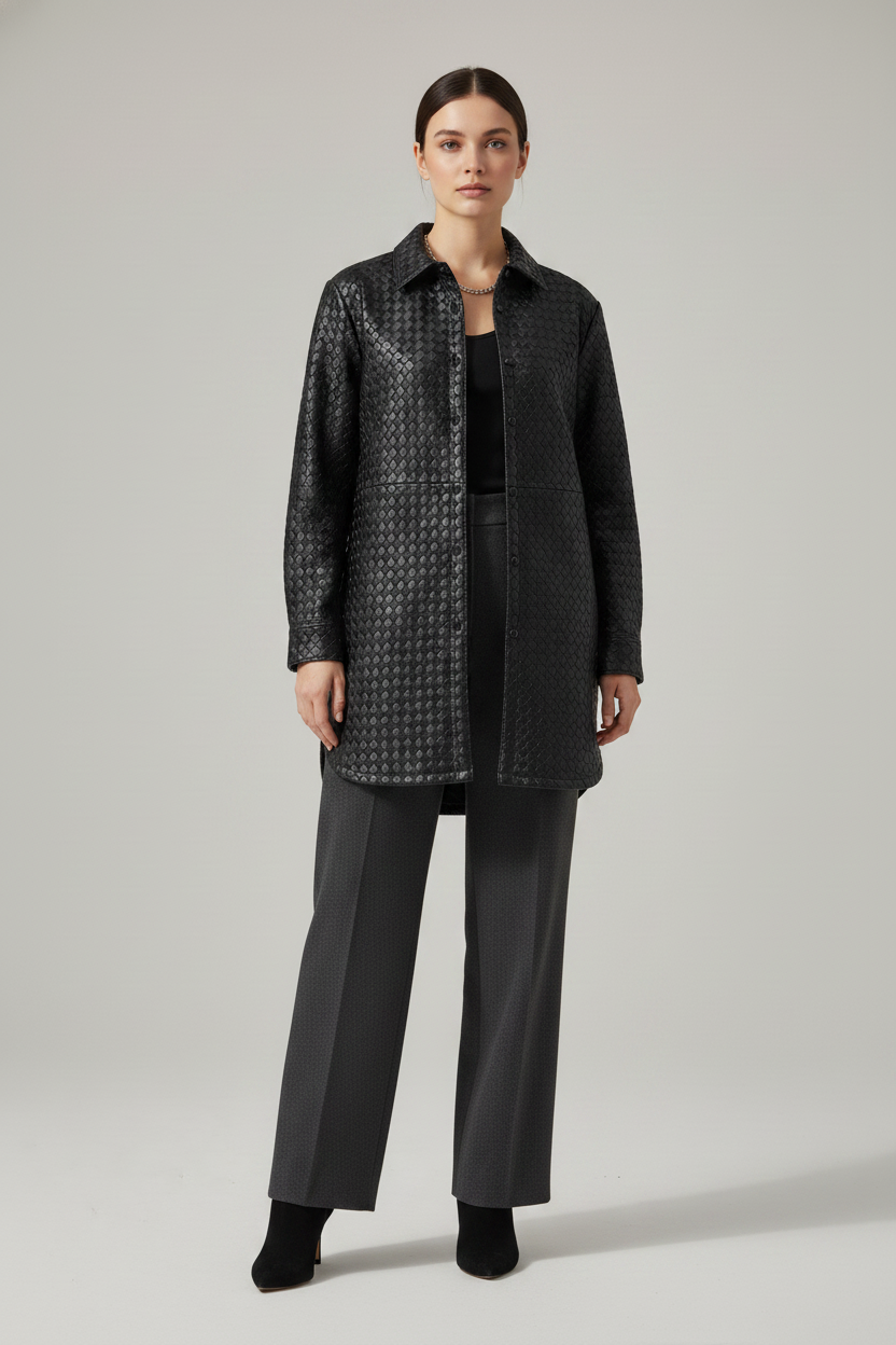 GISELE - Black Woven Sheepskin - Woven leather, shirt-dress, quiet luxury