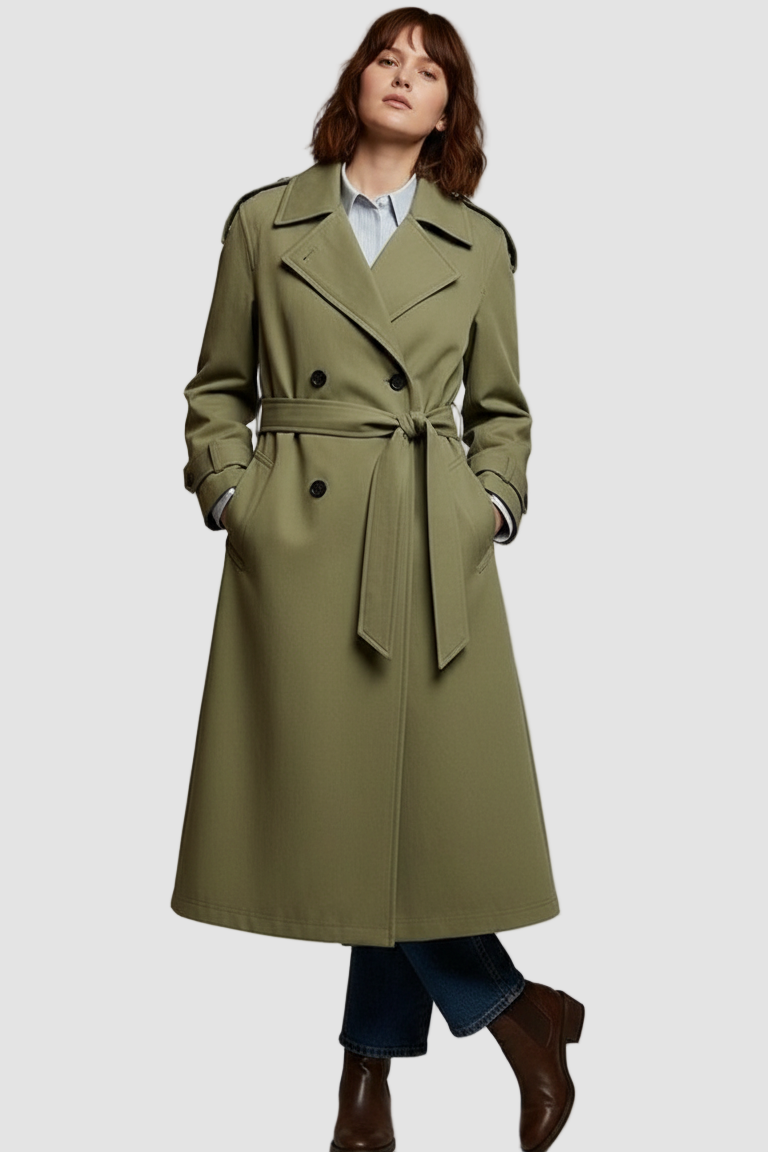 Woman wearing a green trench coat on a plain background