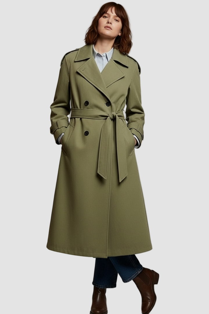 Woman wearing a green trench coat on a plain background