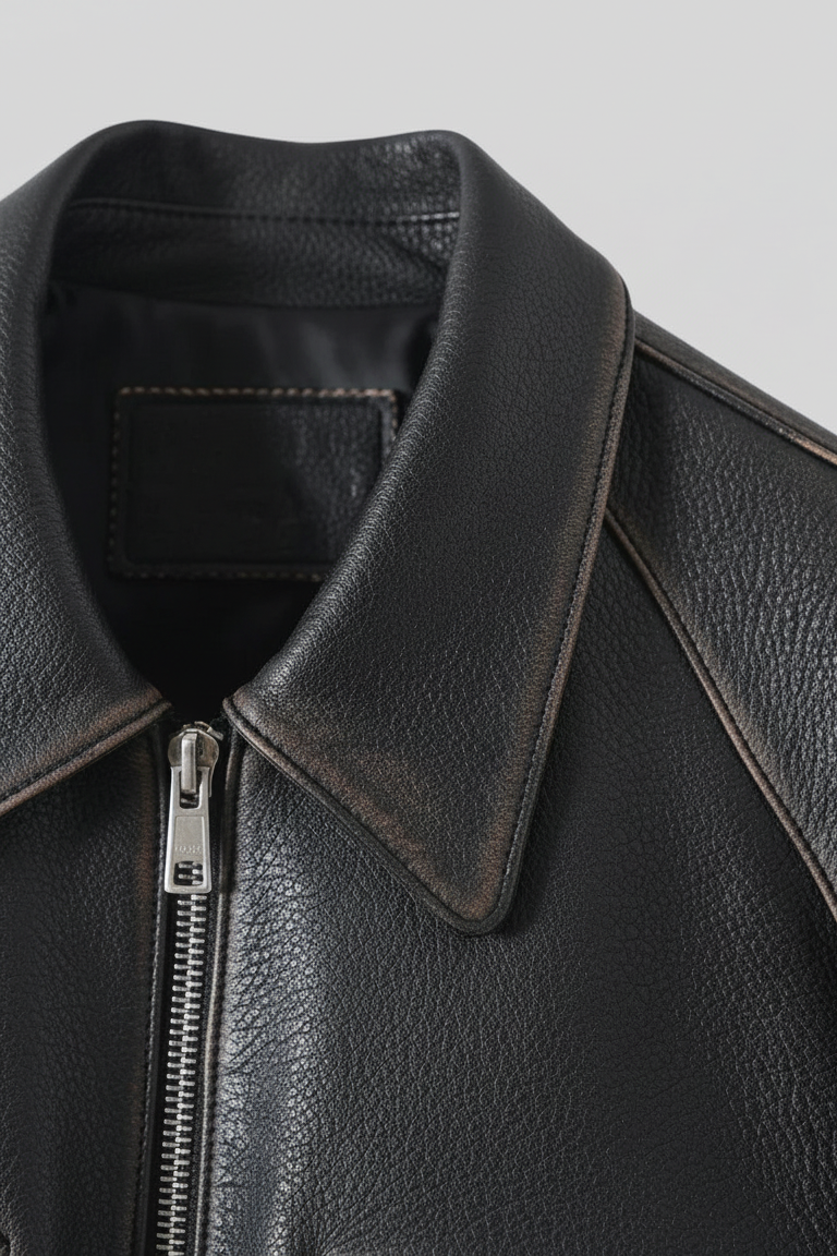 GREER - Belted Distressed - distressed collar, intricate stitching, fabric texture