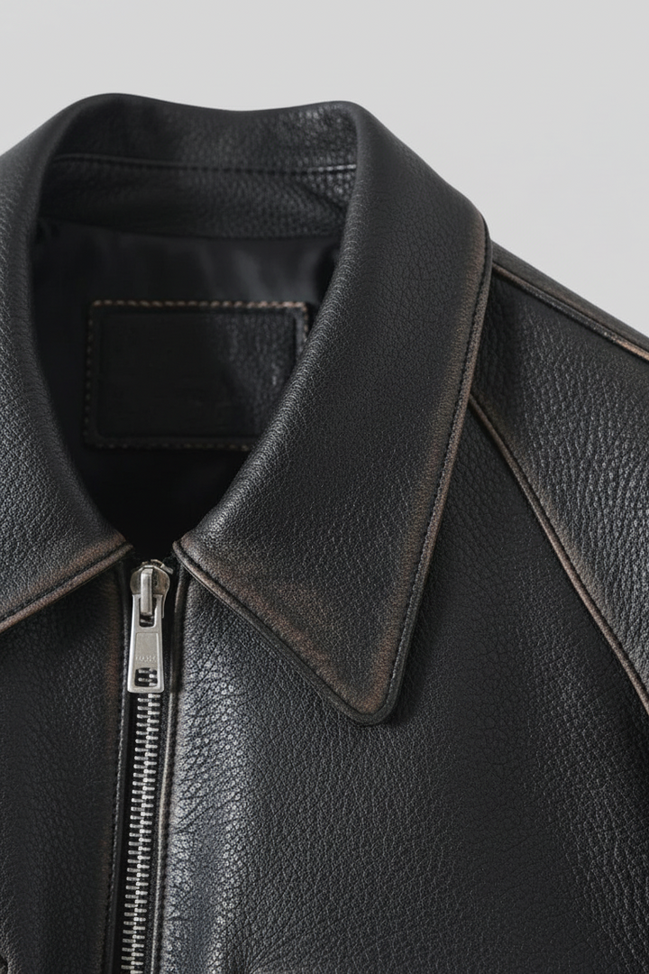 GREER - Belted Distressed - distressed collar, intricate stitching, fabric texture