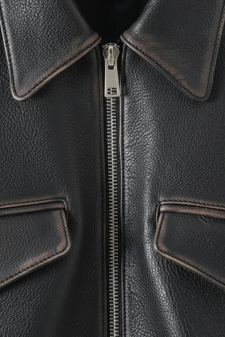 GREER - Belted Distressed - front closure, zipper, buttons, distressed texture