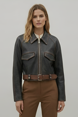 GREER - Belted Distressed Leather Jacket