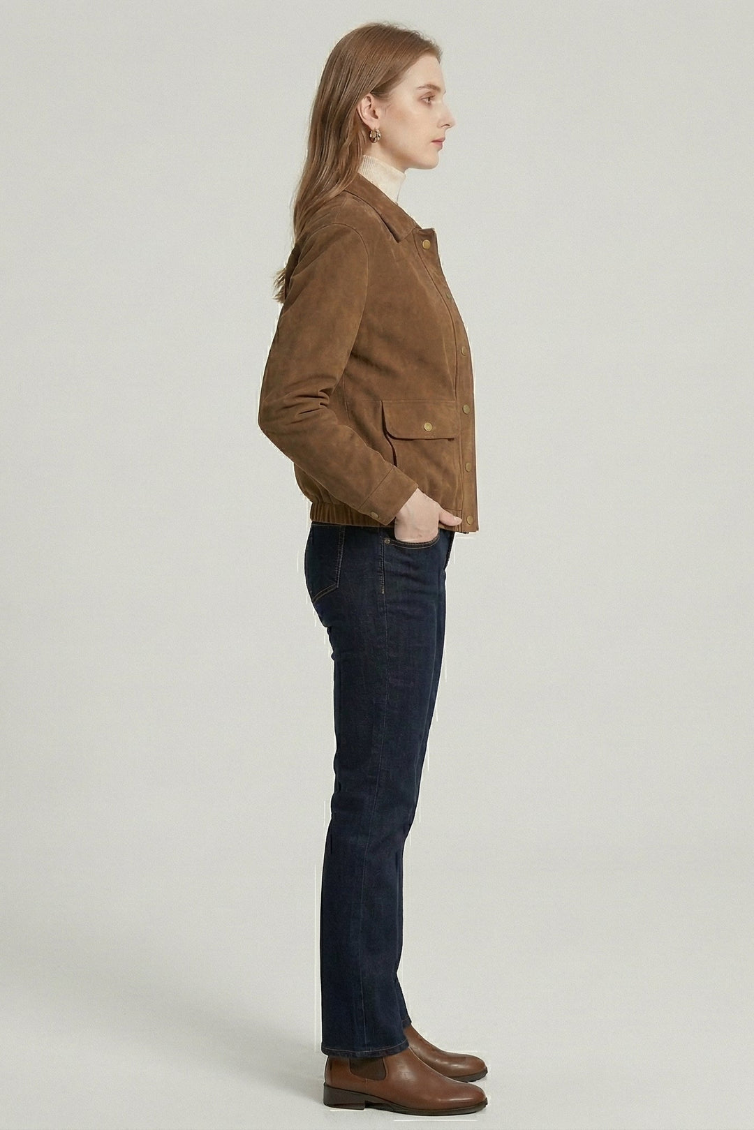 KENDALL - Brown suede jacket on model, side profile