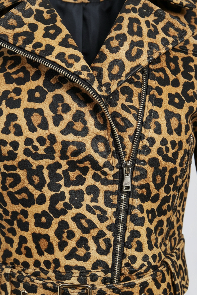 HARLOW - Leopard Leather Jacket, Back View, Black Fur Trim