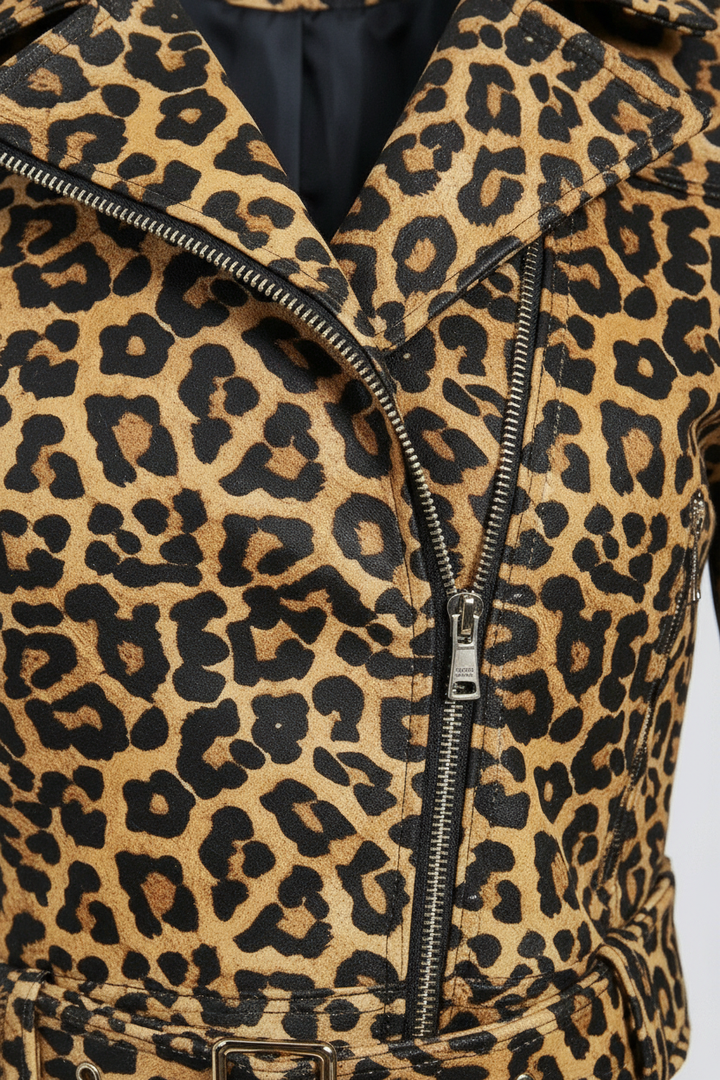 HARLOW - Leopard Leather Jacket, Back View, Black Fur Trim