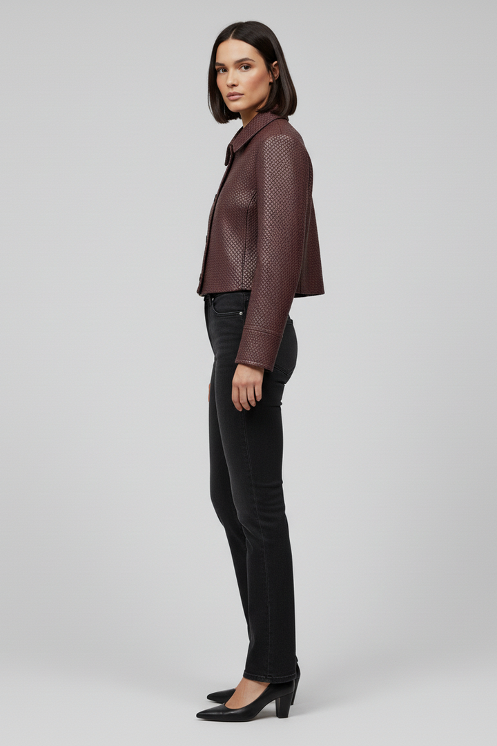 HARLOW - Knitted Sheepski - female model, full-body, side-profile, quiet luxury