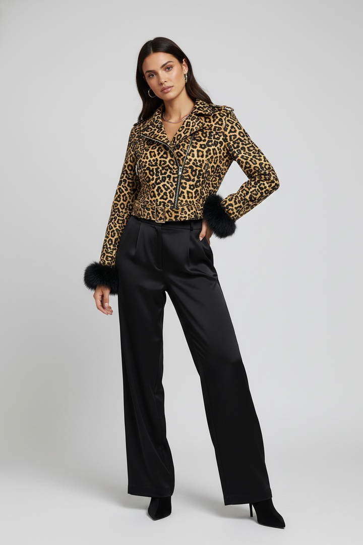 HARLOW - Leopard Leather - leopard print, faux fur, vegan leather, moto jacket