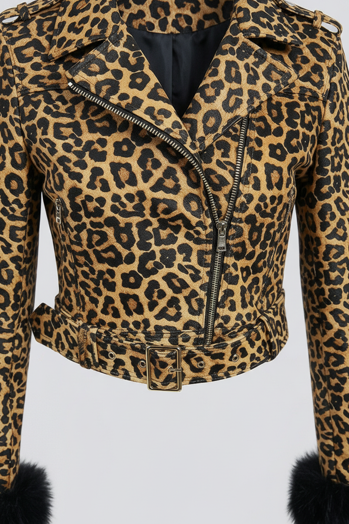 HARLOW - Close-up of Leopard Print Leather Jacket, Zipper Detail