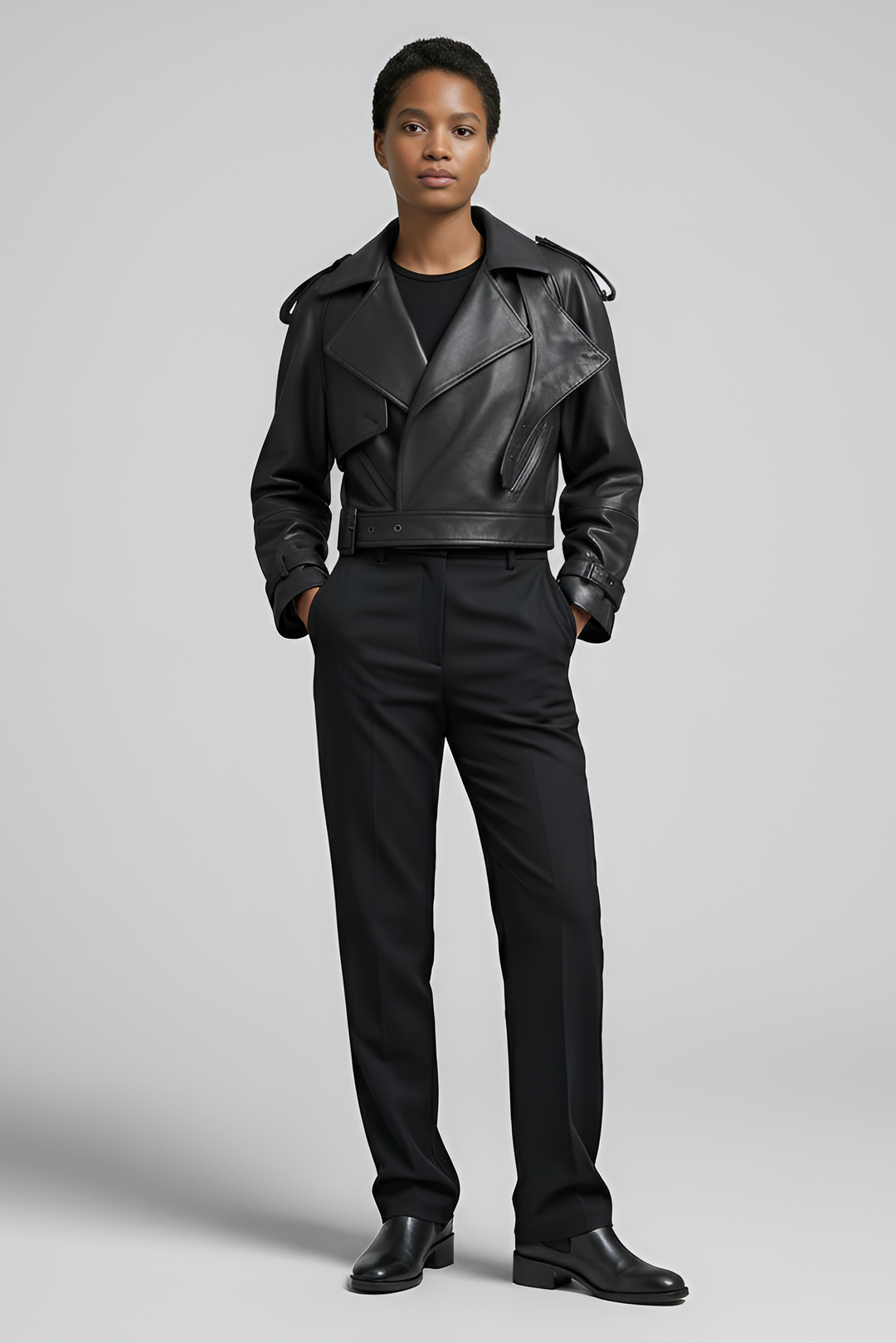 HARMONY cropped vintage leather jacket women black styling pose luxury sheepskin jacket