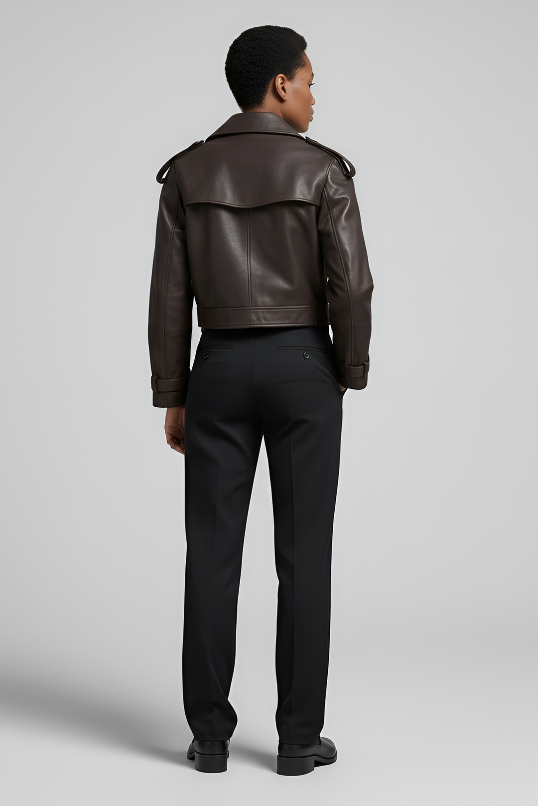 HARMONY cropped vintage leather jacket women brown back view sheepskin cropped jacket