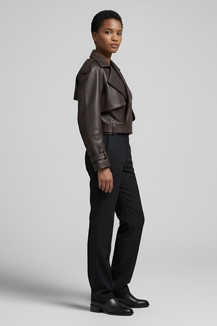 HARMONY cropped vintage leather jacket women brown side view belted sheepskin jacket