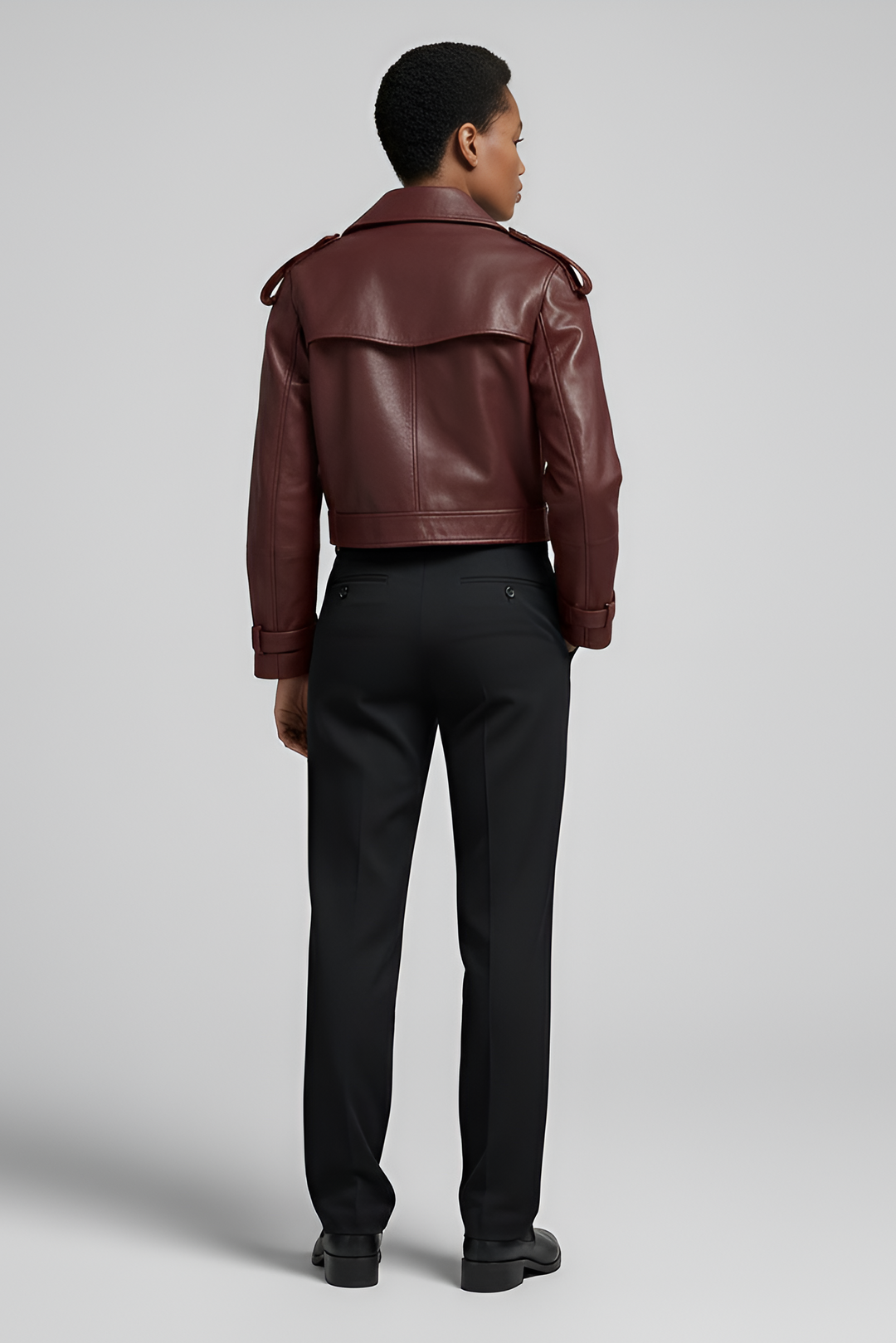 HARMONY cropped vintage leather jacket women burgundy back view sheepskin jacket