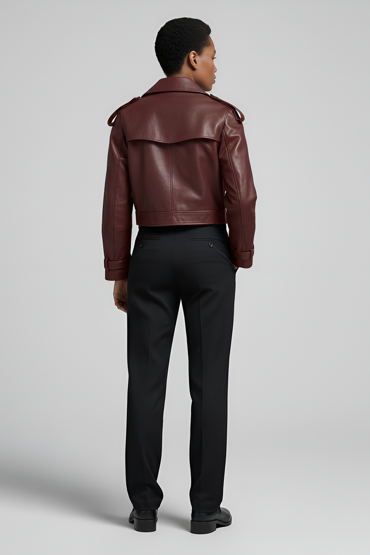 HARMONY cropped vintage leather jacket women burgundy back view sheepskin jacket