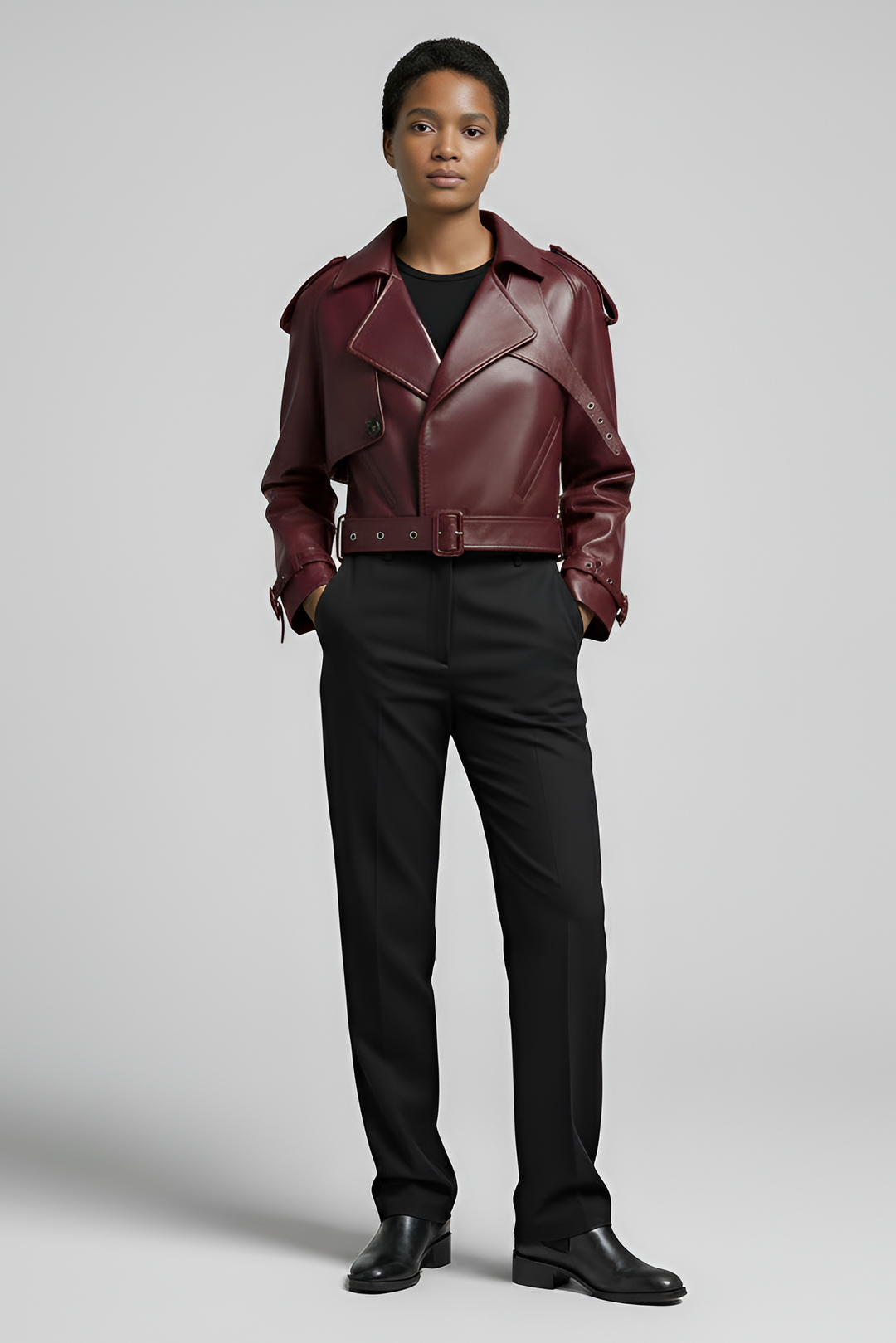 HARMONY cropped vintage leather jacket women burgundy front belted leather jacket