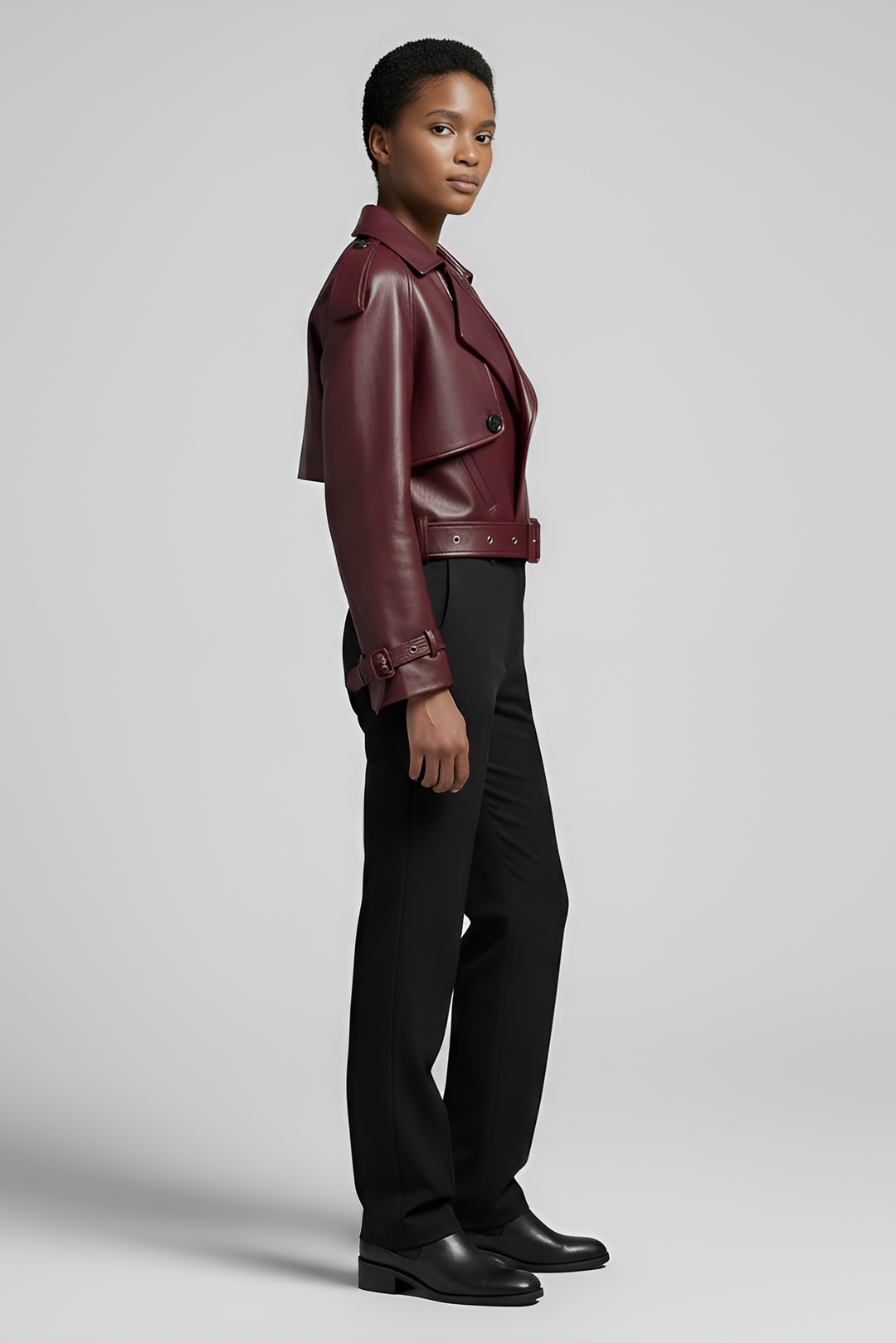 HARMONY cropped vintage leather jacket women burgundy side profile sheepskin jacket