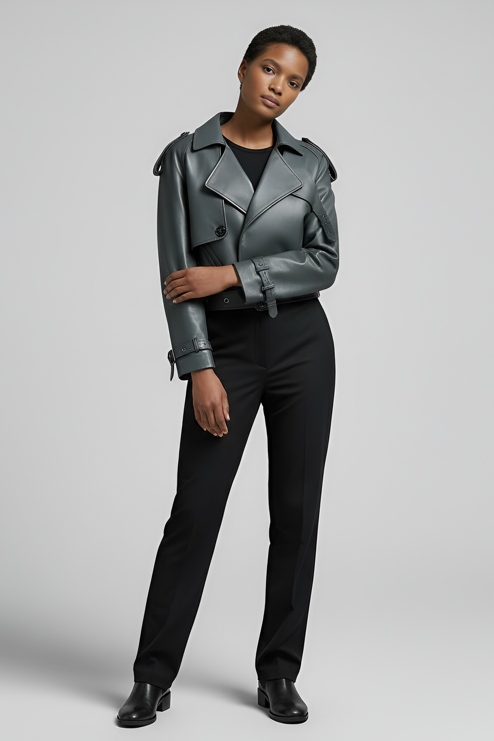 HARMONY cropped vintage leather jacket women grey elegant pose cropped leather jacket