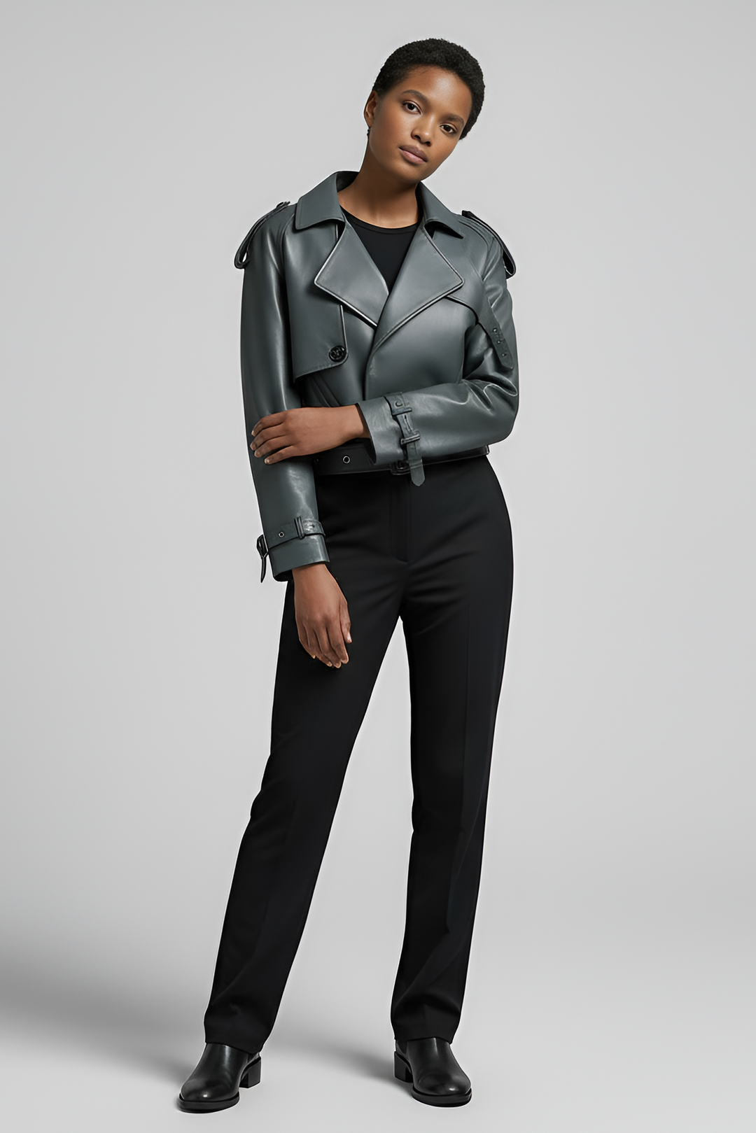 HARMONY cropped vintage leather jacket women grey elegant pose cropped leather jacket