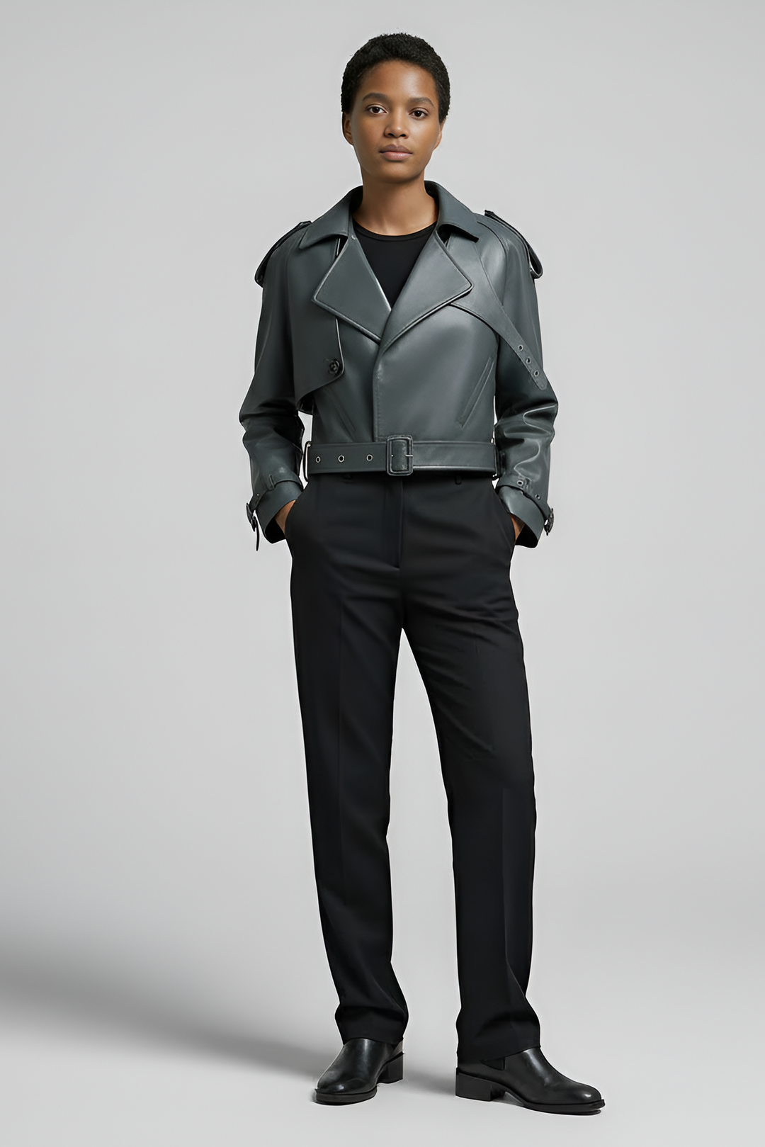 HARMONY cropped vintage leather jacket women grey elegant pose cropped leather jacket