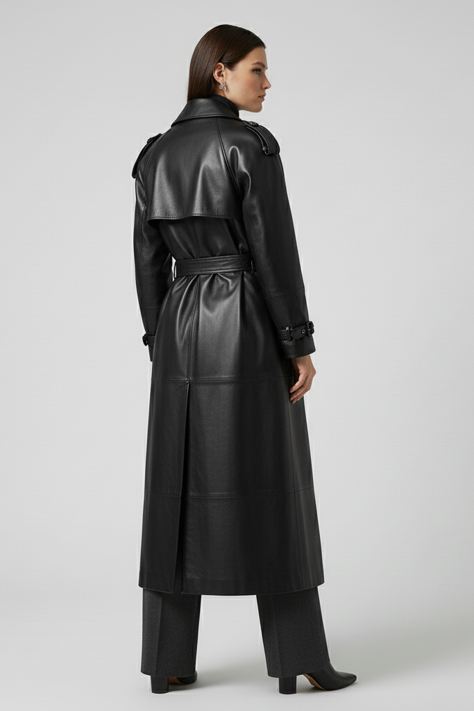 HAYES - Long Sheepskin Leather - quiet luxury Black leather trench coat Back view