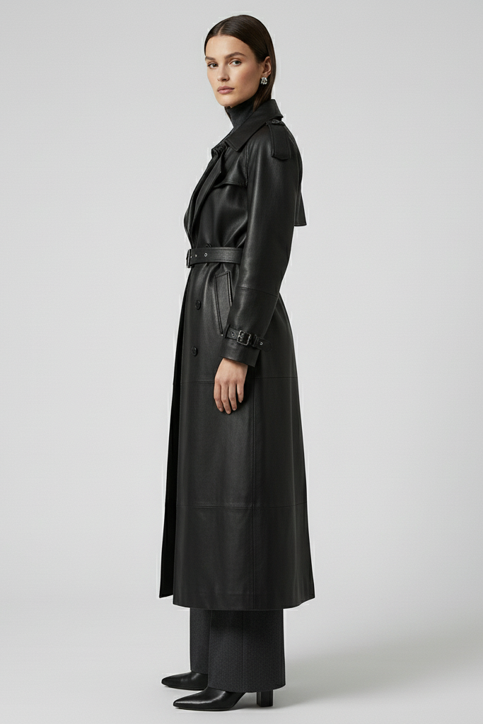 HAYES - Long Sheepskin Leather - quiet luxury Black leather trench coat Side view