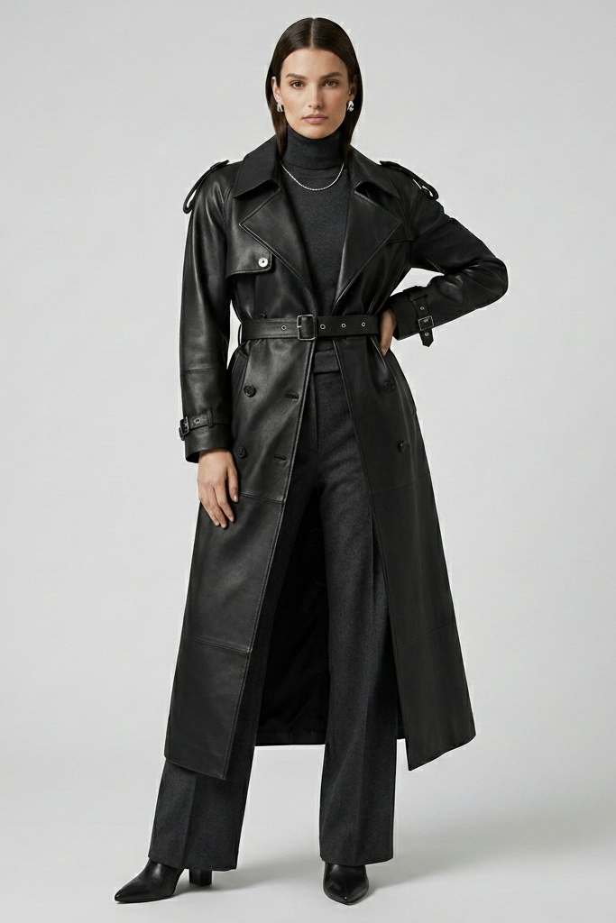 HAYES - Long Sheepskin Leather - quiet luxury Black leather trench, full body shot
