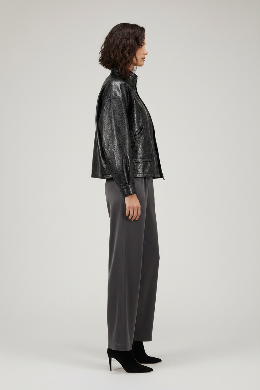 HELOISE - Wax Leather Jacket - Black textured bomber, side view