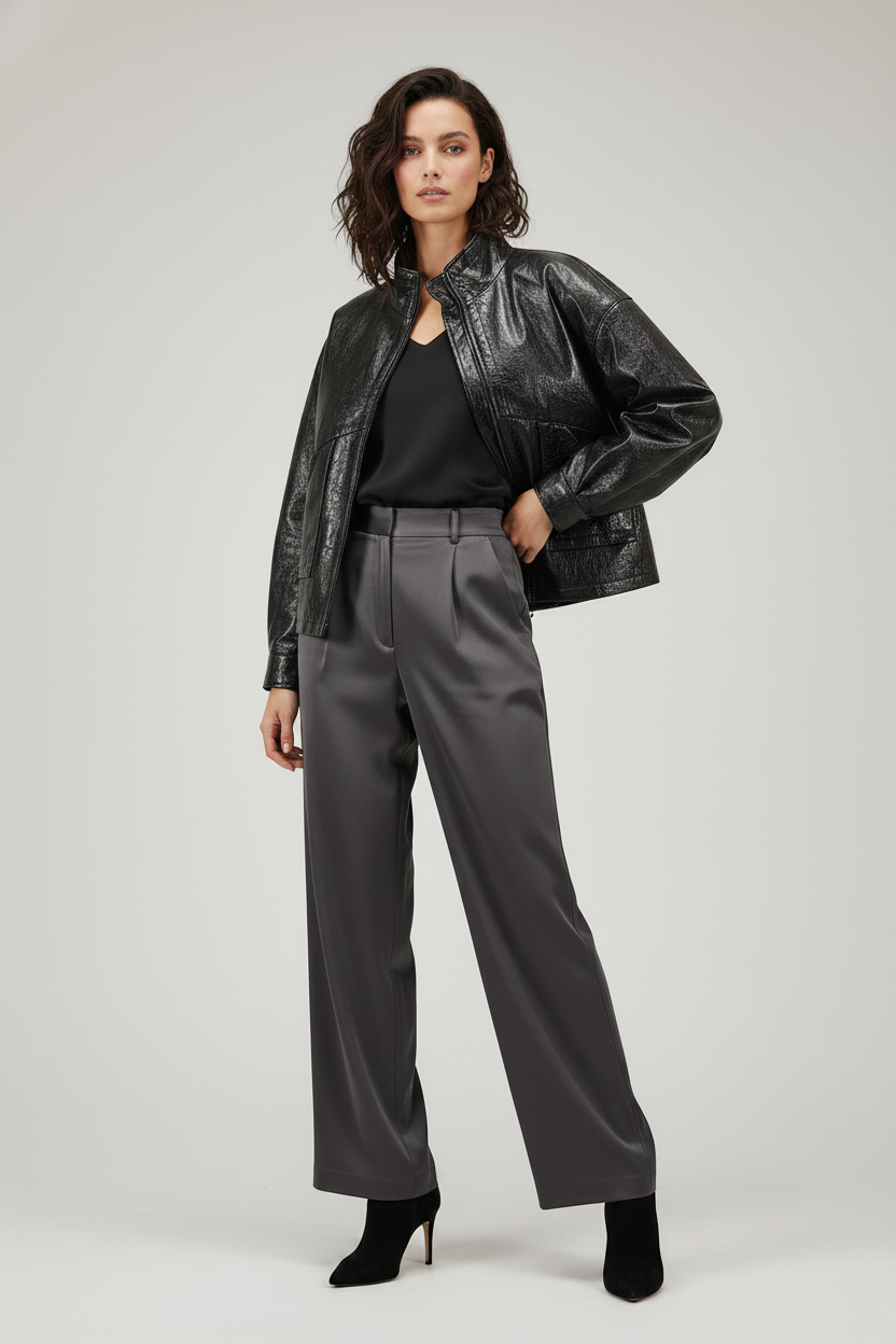 HELOISE - Wax Leather Jacket - stand collar quiet luxury minimalist