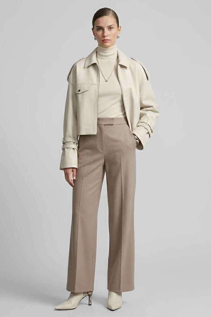 HOLLIS white cropped leather motorcycle jacket women front view minimal luxury biker jacket outfit