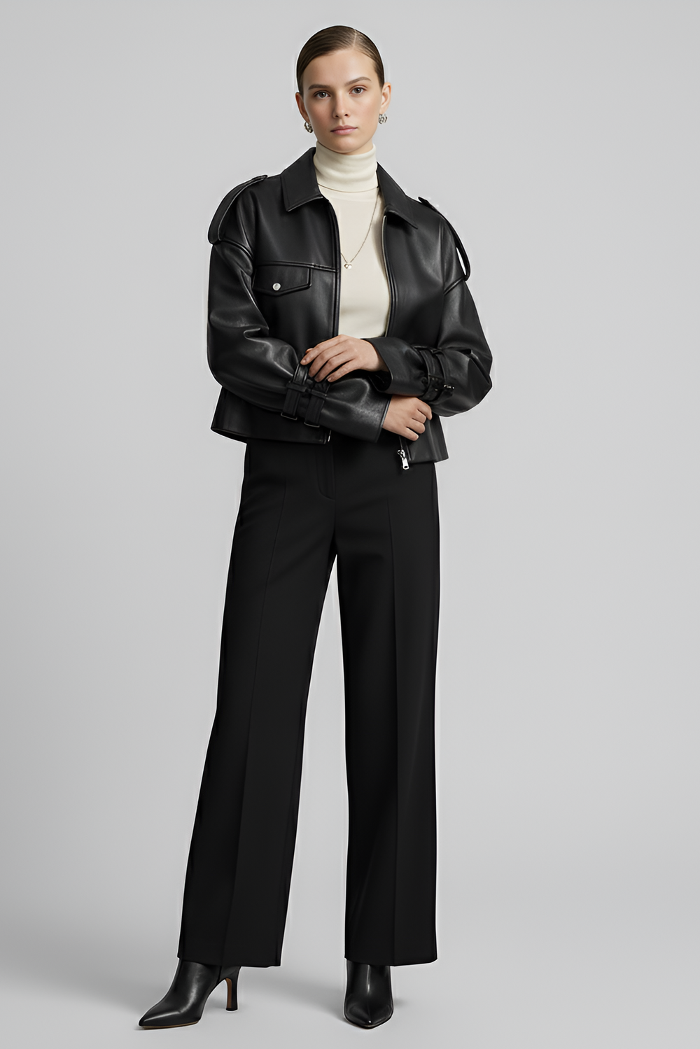 HOLLIS black cropped leather motorcycle jacket women styling pose luxury biker jacket outfit