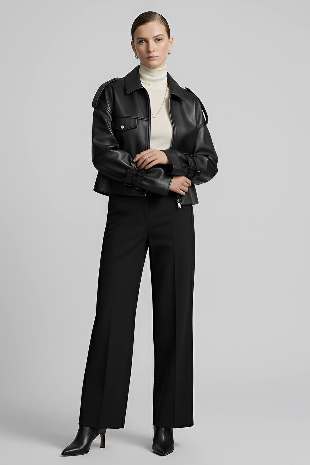 HOLLIS black cropped leather motorcycle jacket women styling pose luxury biker jacket outfit