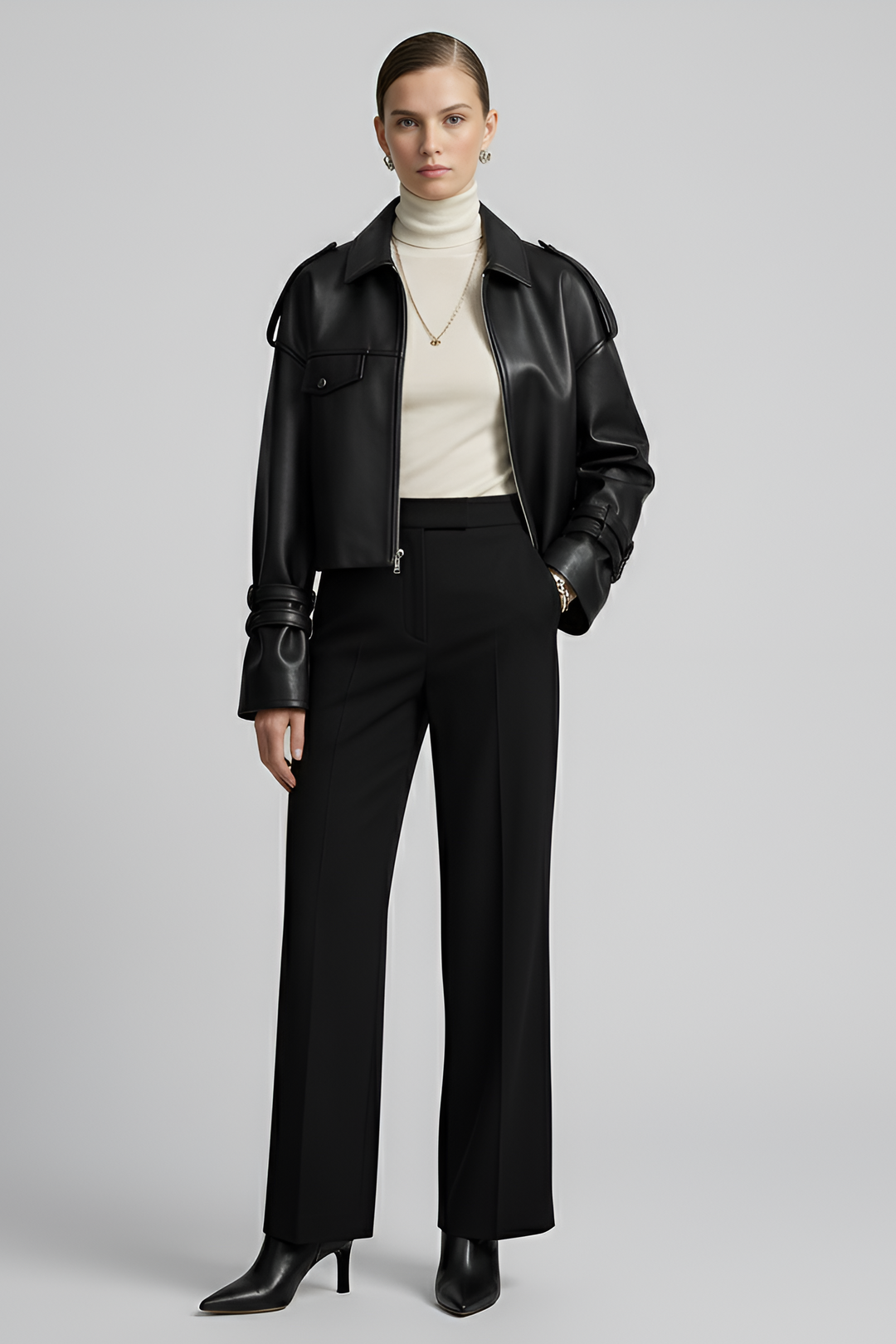 HOLLIS black cropped leather motorcycle jacket women front view luxury belted biker jacket outfit