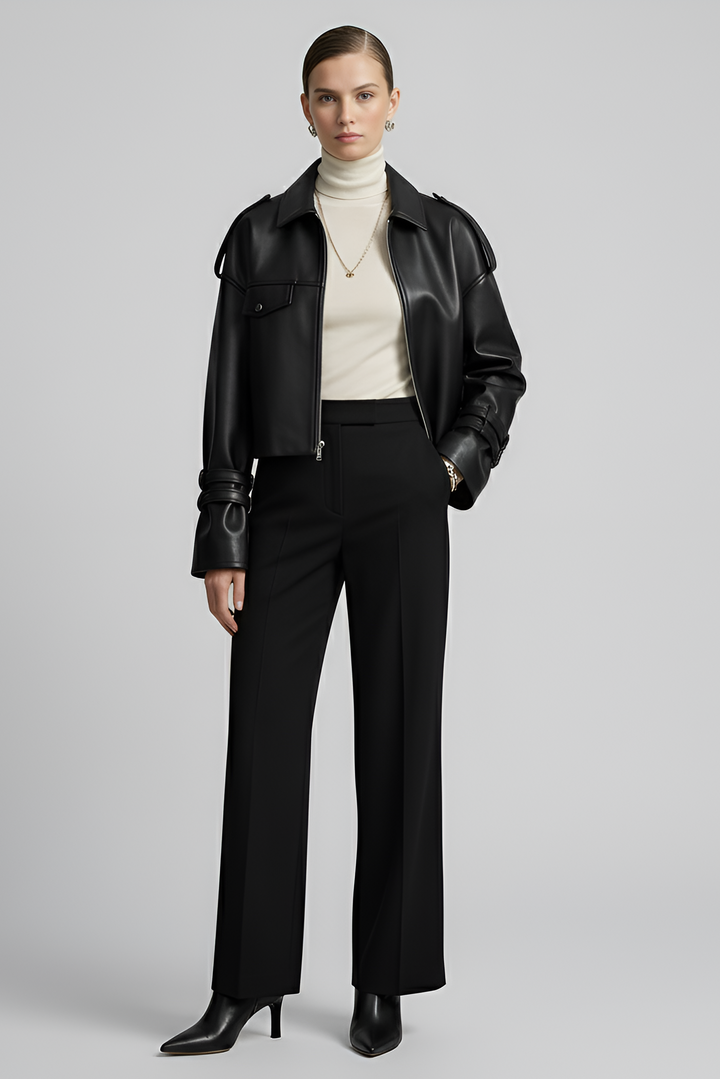 HOLLIS black cropped leather motorcycle jacket women front view luxury belted biker jacket outfit