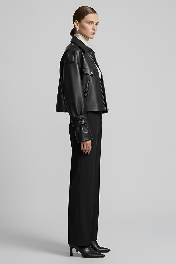 HOLLIS black cropped leather motorcycle jacket women side view structured biker jacket modern fit