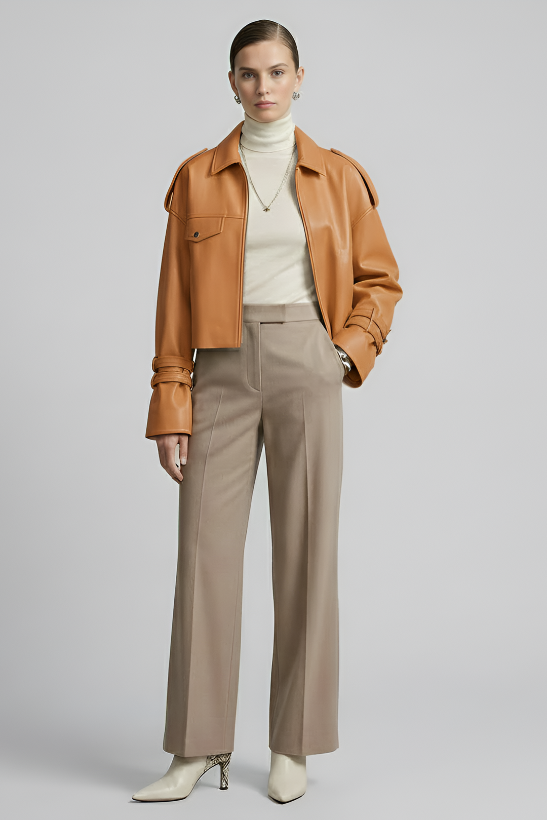 HOLLIS camel cropped leather motorcycle jacket women front view belted sheepskin biker jacket outfit