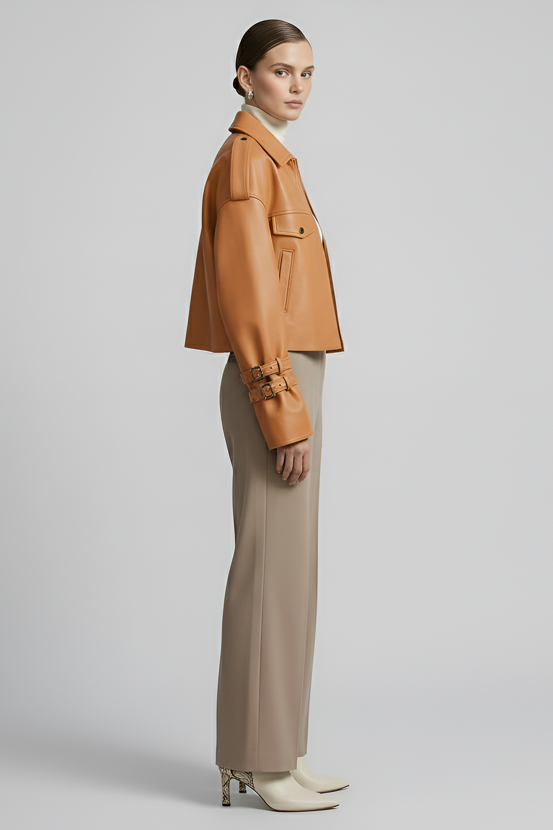 HOLLIS camel cropped leather motorcycle jacket women side view structured belted biker jacket