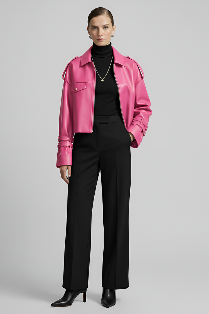 HOLLIS cropped leather motorcycle jacket women pink styling pose luxury cropped jacket