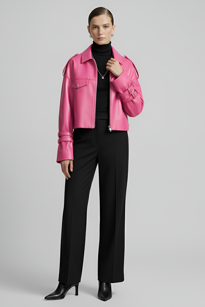 HOLLIS cropped leather motorcycle jacket women pink front view belted sheepskin jacket outfit