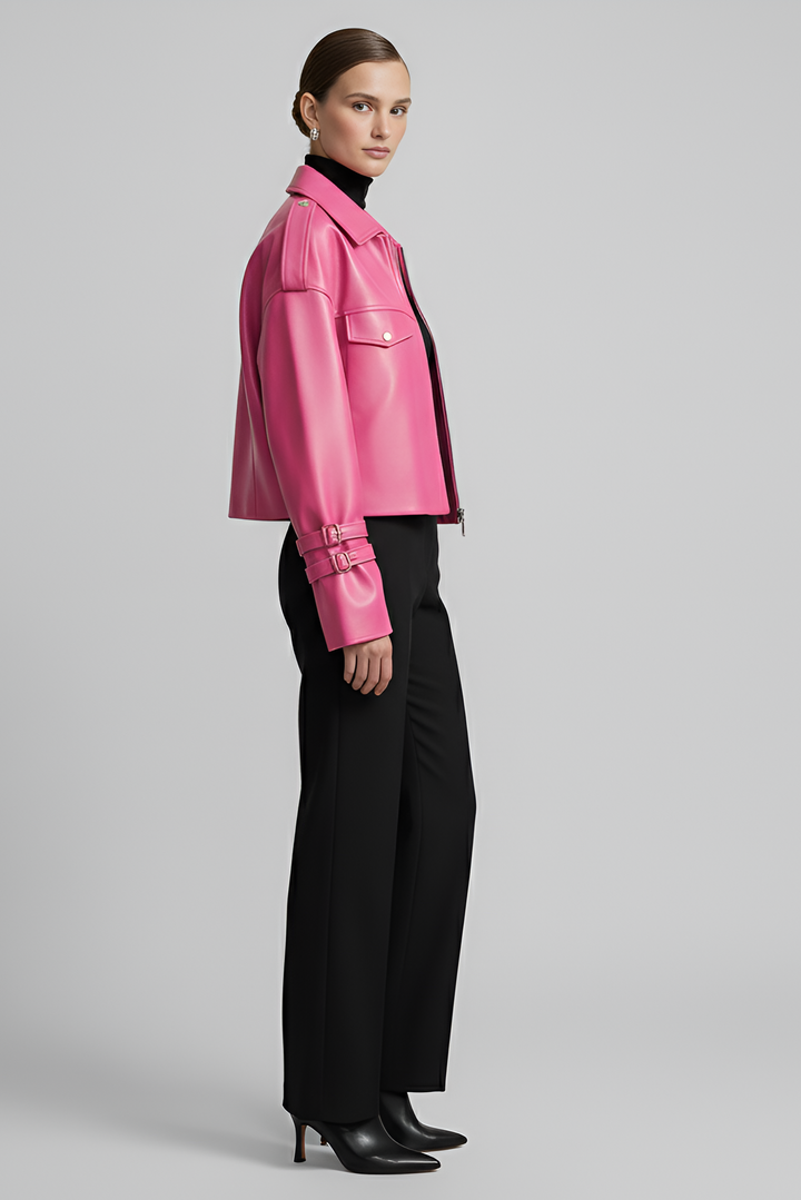 HOLLIS cropped leather motorcycle jacket women pink side view belted sheepskin jacket