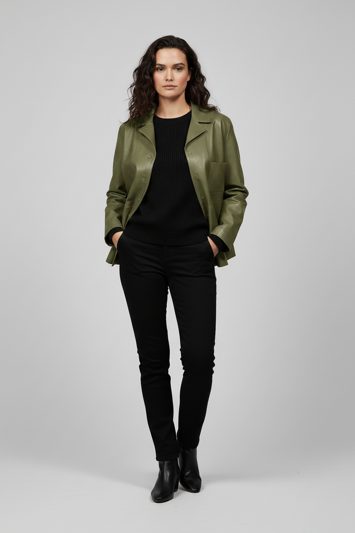 IMOGEN - Cropped Sheepskin - olive green, luxury, studio, hands in pockets