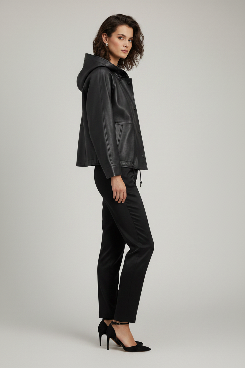 ISABELLE - Hooded Sheepskin - black leather, hooded, matte, quiet luxury