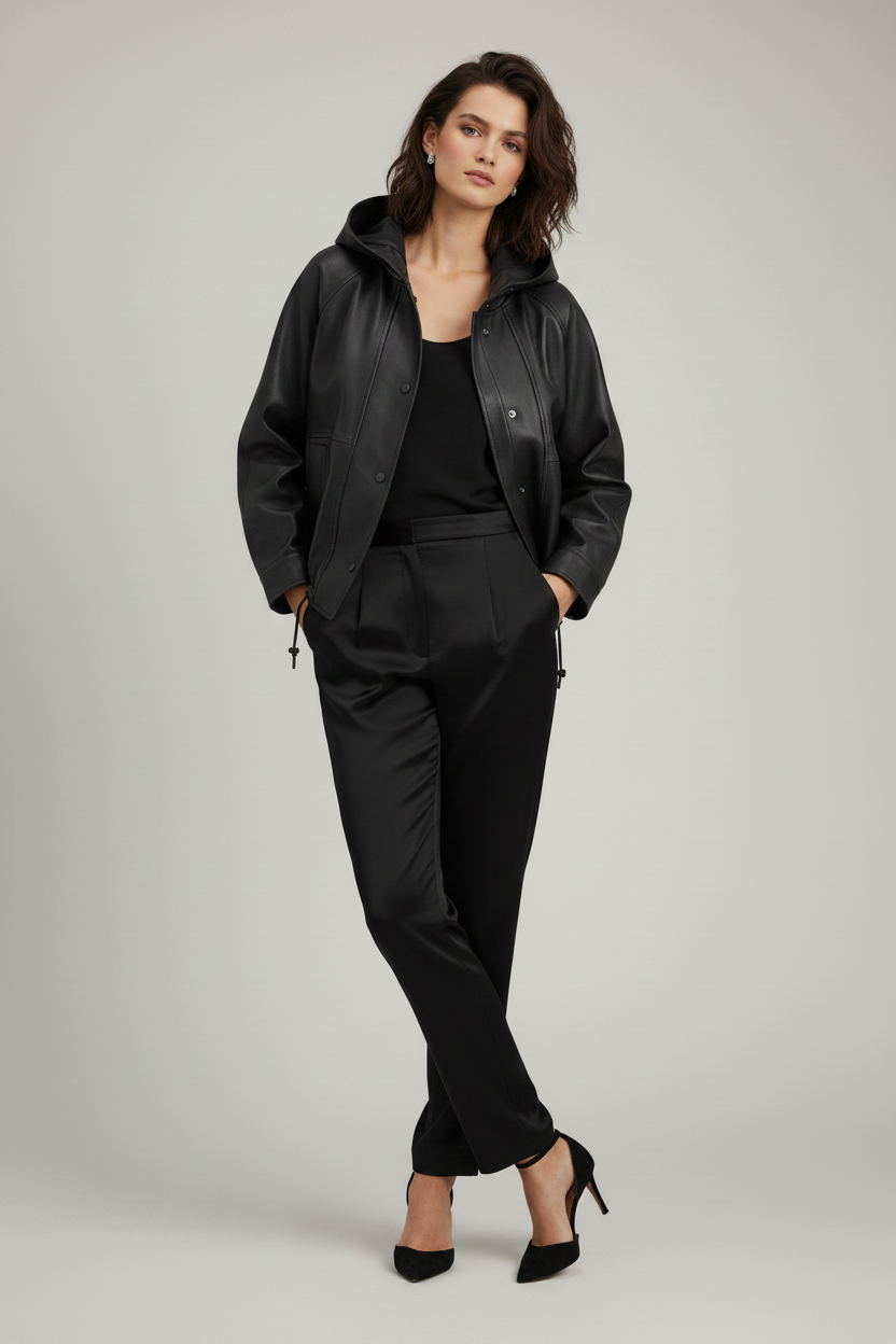 ISABELLE - Hooded Sheepskin - black leather, matte, quiet luxury
